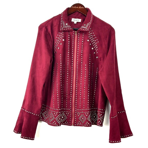 Rockin G Women Maroon Jacket Studded Moto Faux Suede Full Zip Bell Sleeve Sz L - Picture 2 of 12